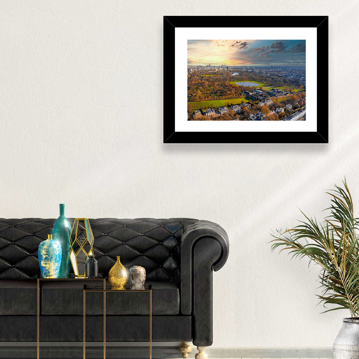 Cloudy Hyde Park Aerial Wall Art in a room, landscape
