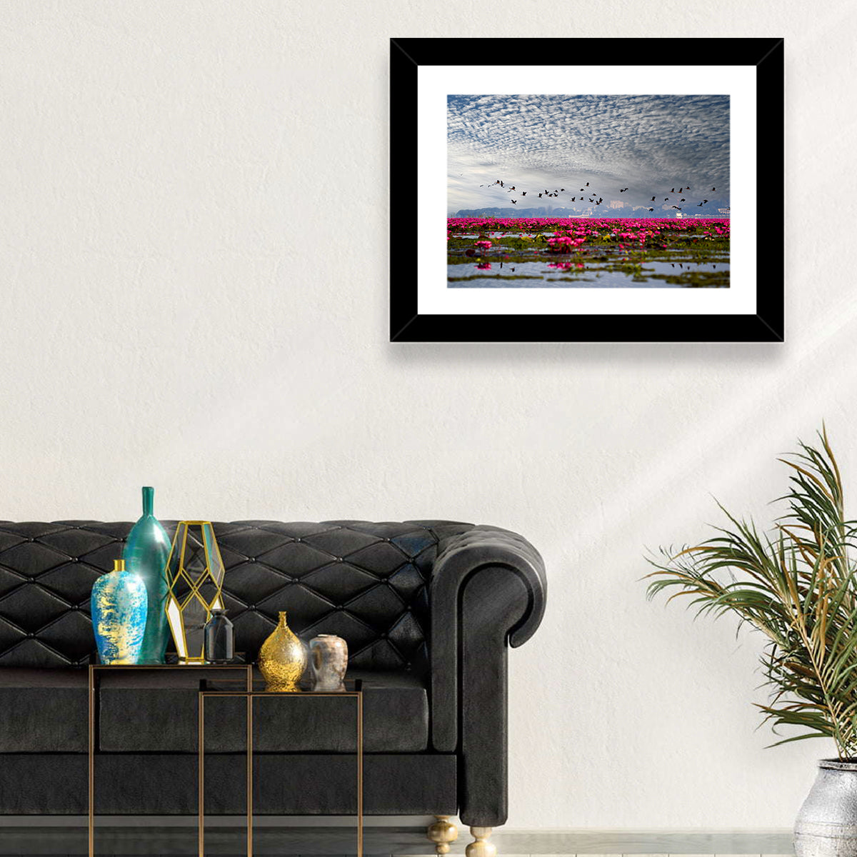 Red Lotus Lake Wall Art in a room, landscape