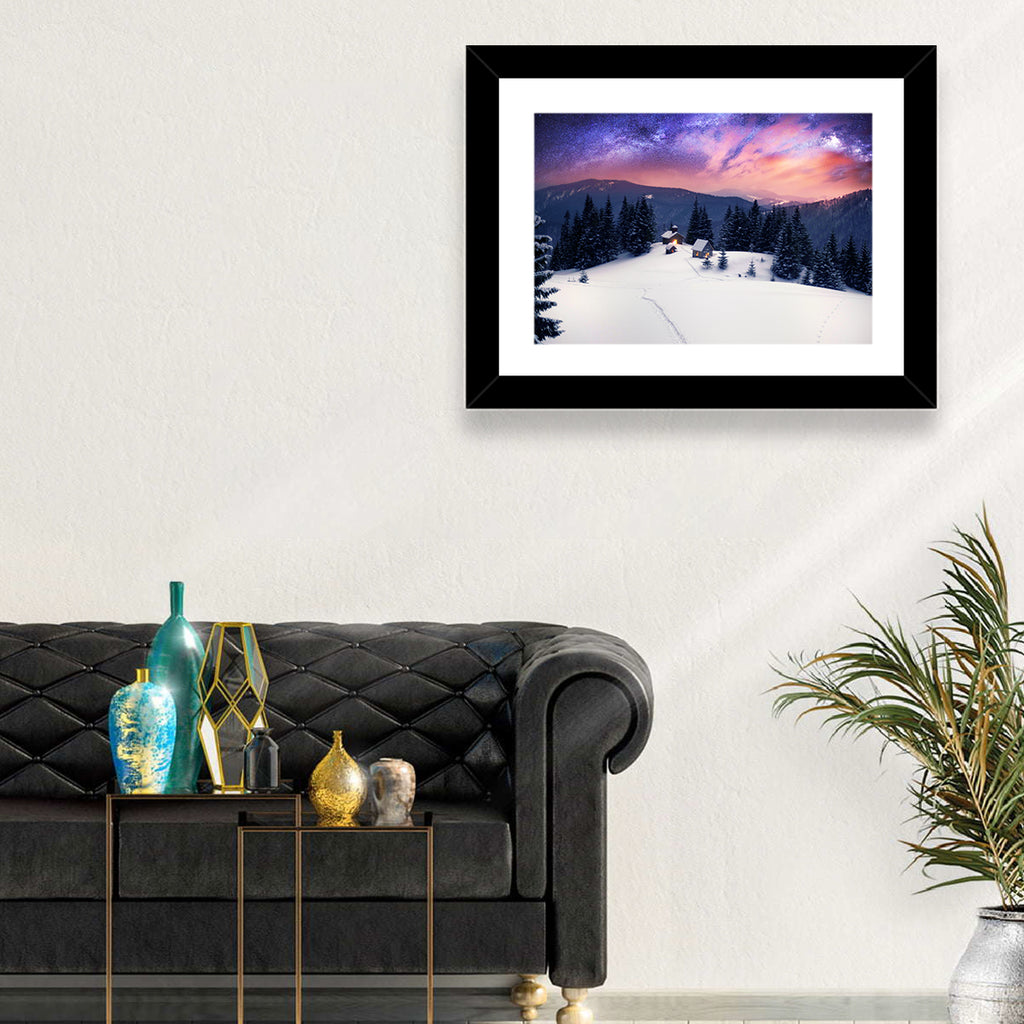 Starry Winter Cabins Under the Milky Way Wall Art
