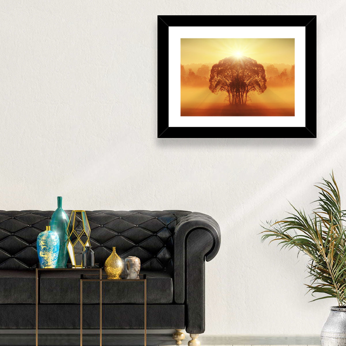 Golden Haze Tree at Sunset Wall Art in a room, landscape