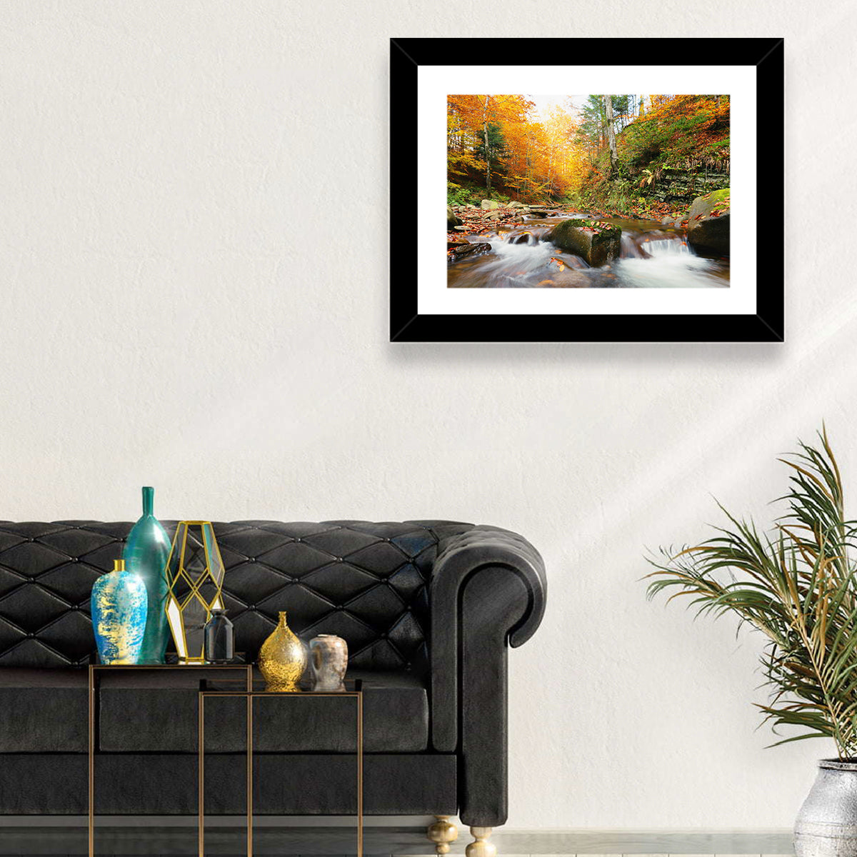 Forest Stream in Autumn Wall Art in a room, landscape