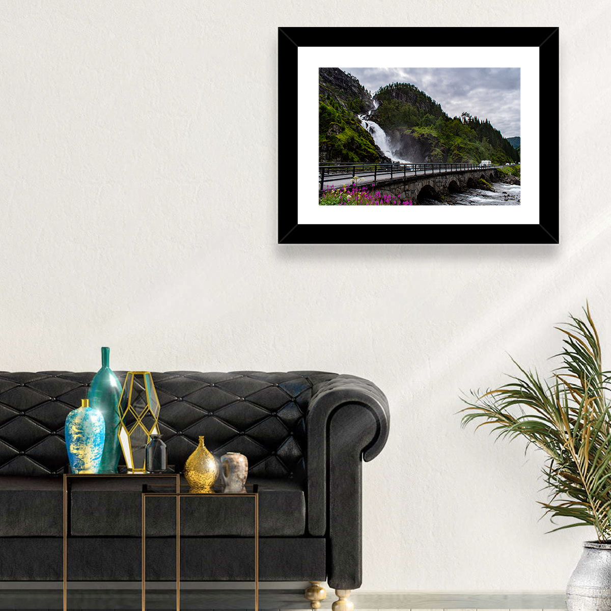 Låtefossen Stone Bridge and Waterfall Wall Art in a room, landscape