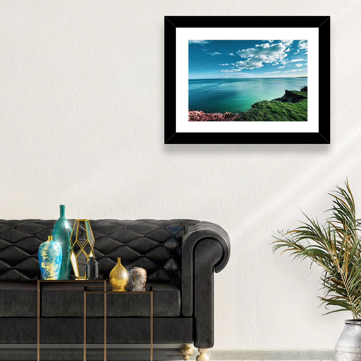 Coastal Cliffs Above a Turquoise Sea Wall Art in a room, landscape
