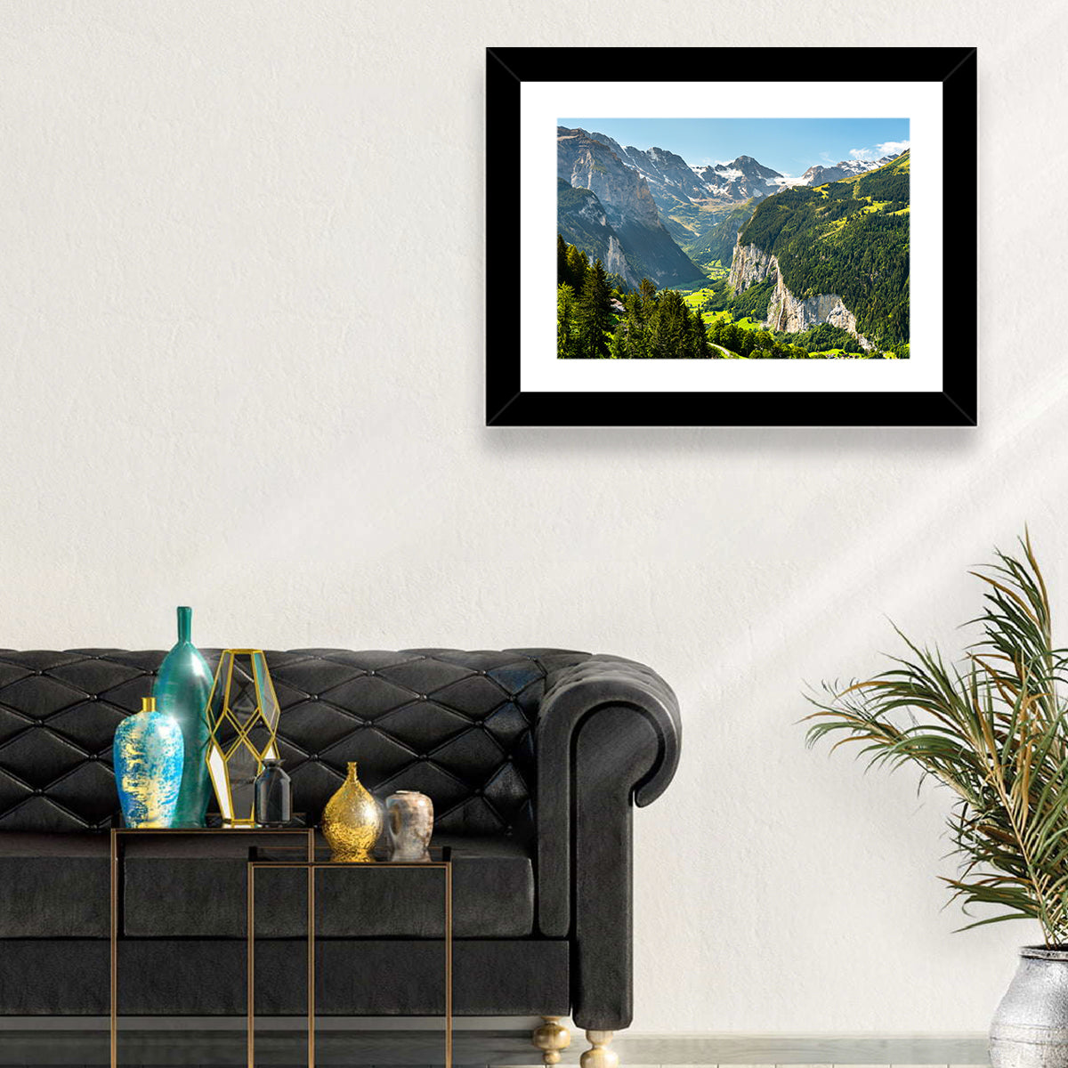 Lauterbrunnen Valley Waterfall View Wall Art in a room, landscape