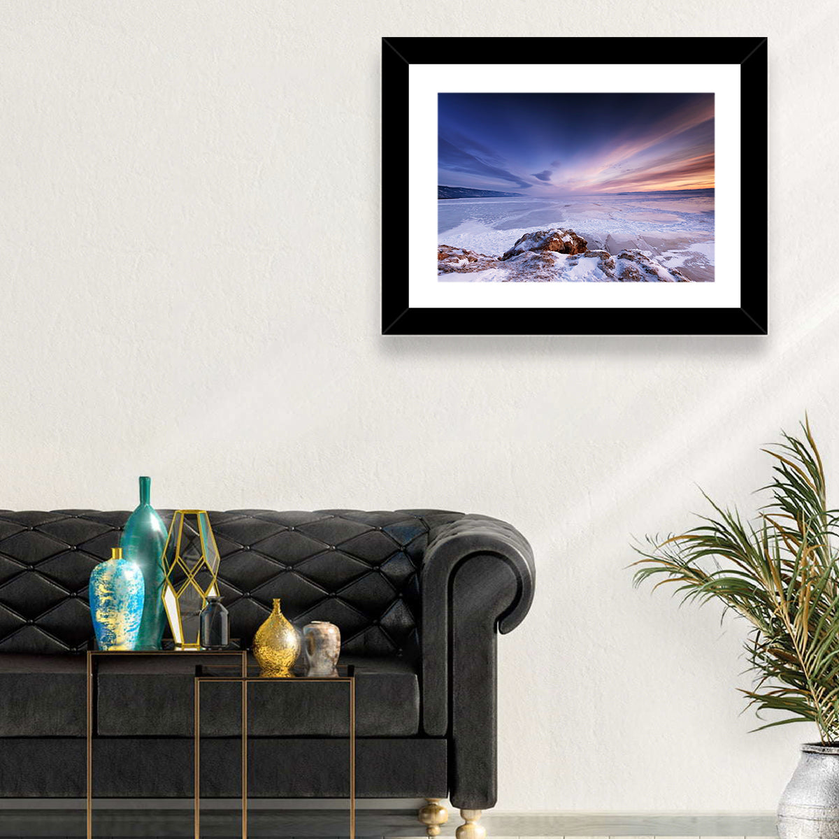 Frozen Lake Ice and Sunset Sky Wall Art in a room, landscape