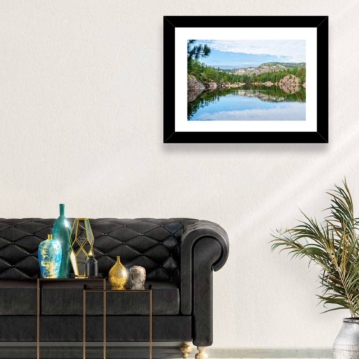 Mirror-quiet Lake and Pines Wall Art in a room, landscape