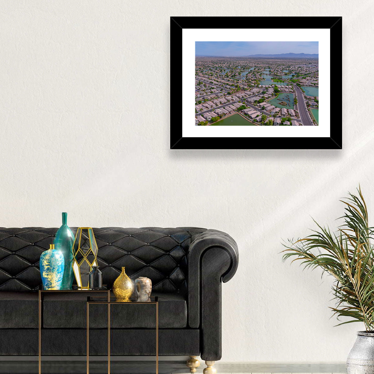 Aerial Desert Suburb with Lakes Wall Art in a room, landscape