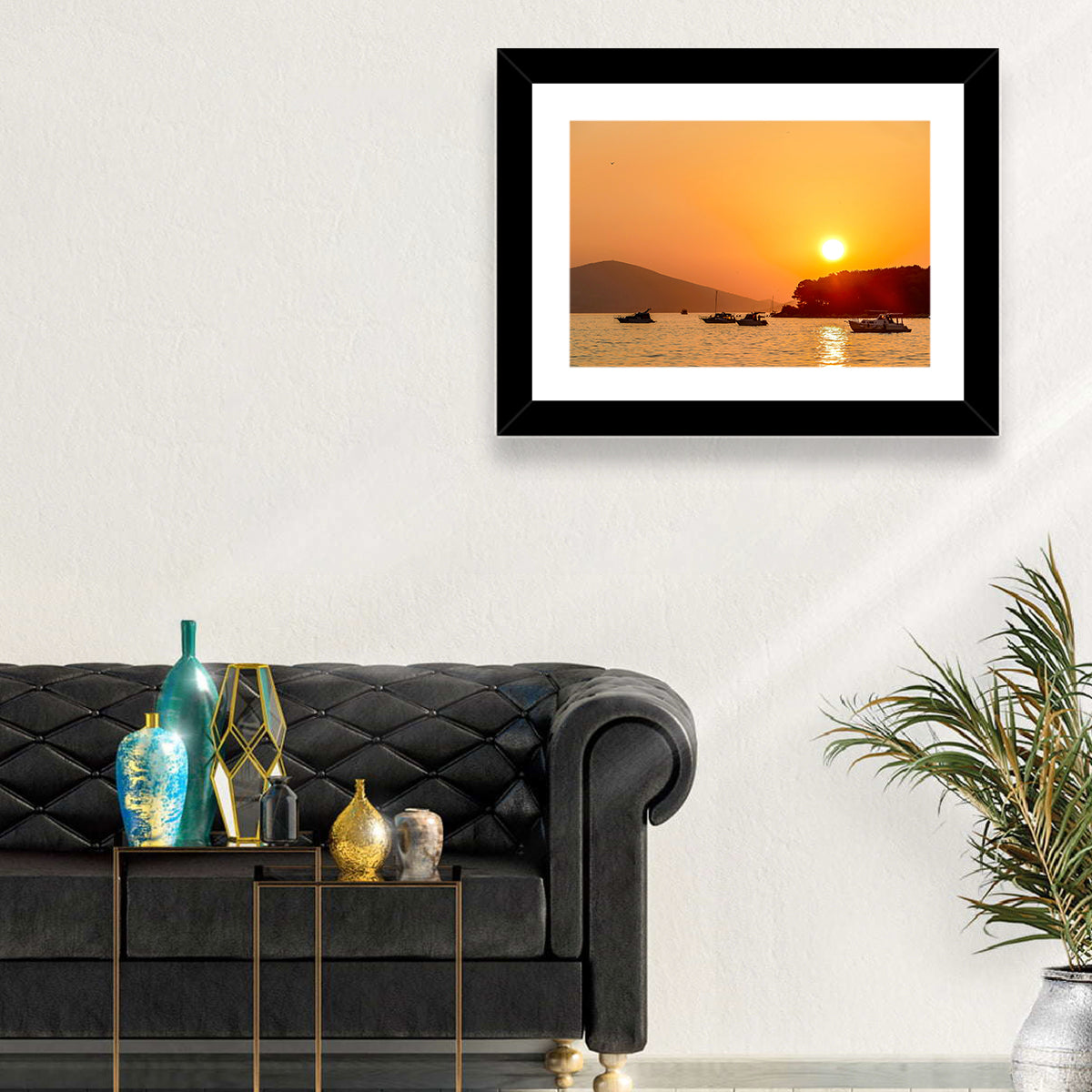 Golden Harbor Sunset Wall Art in a room, landscape