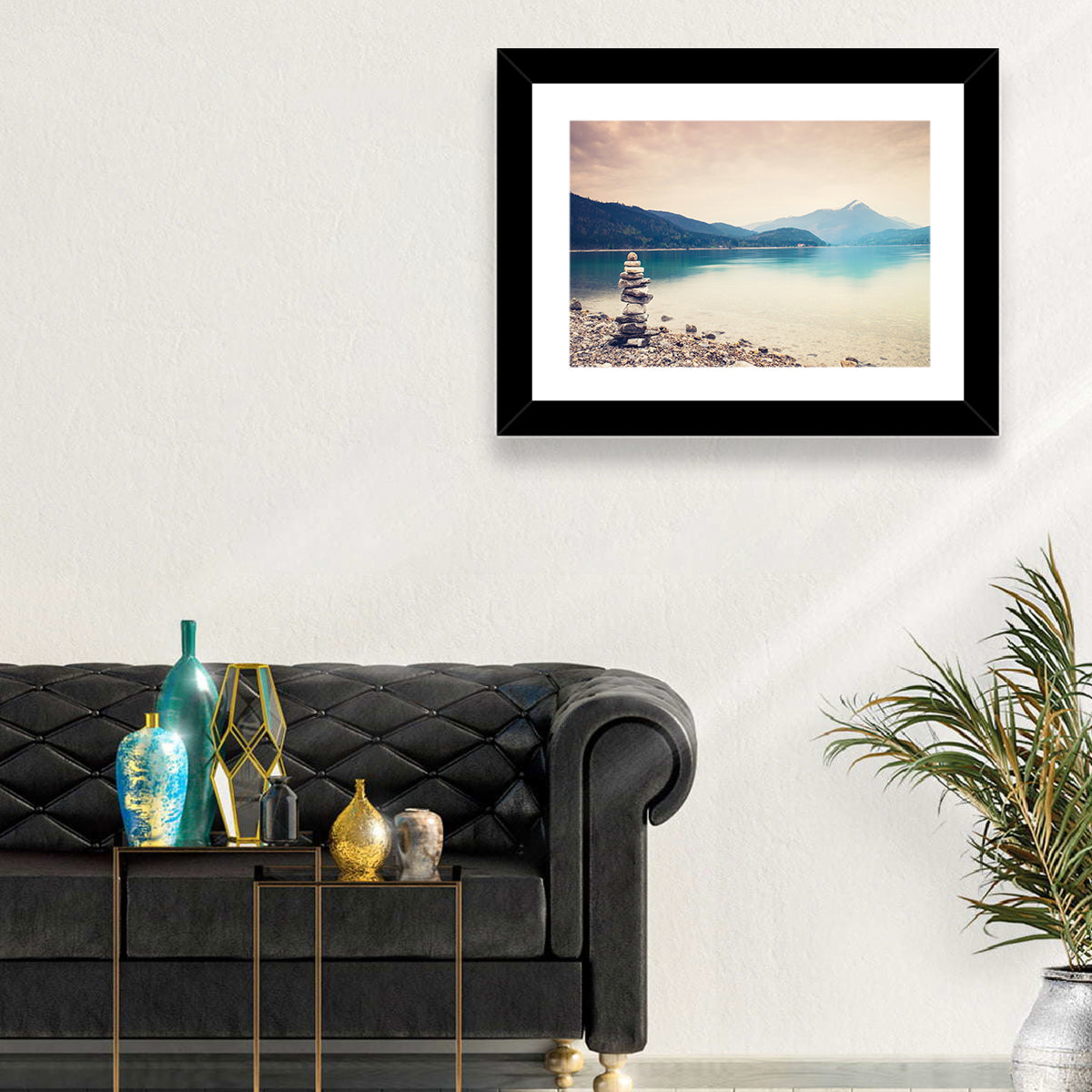 Stone Cairn by a Mountain Lake Wall Art in a room, landscape