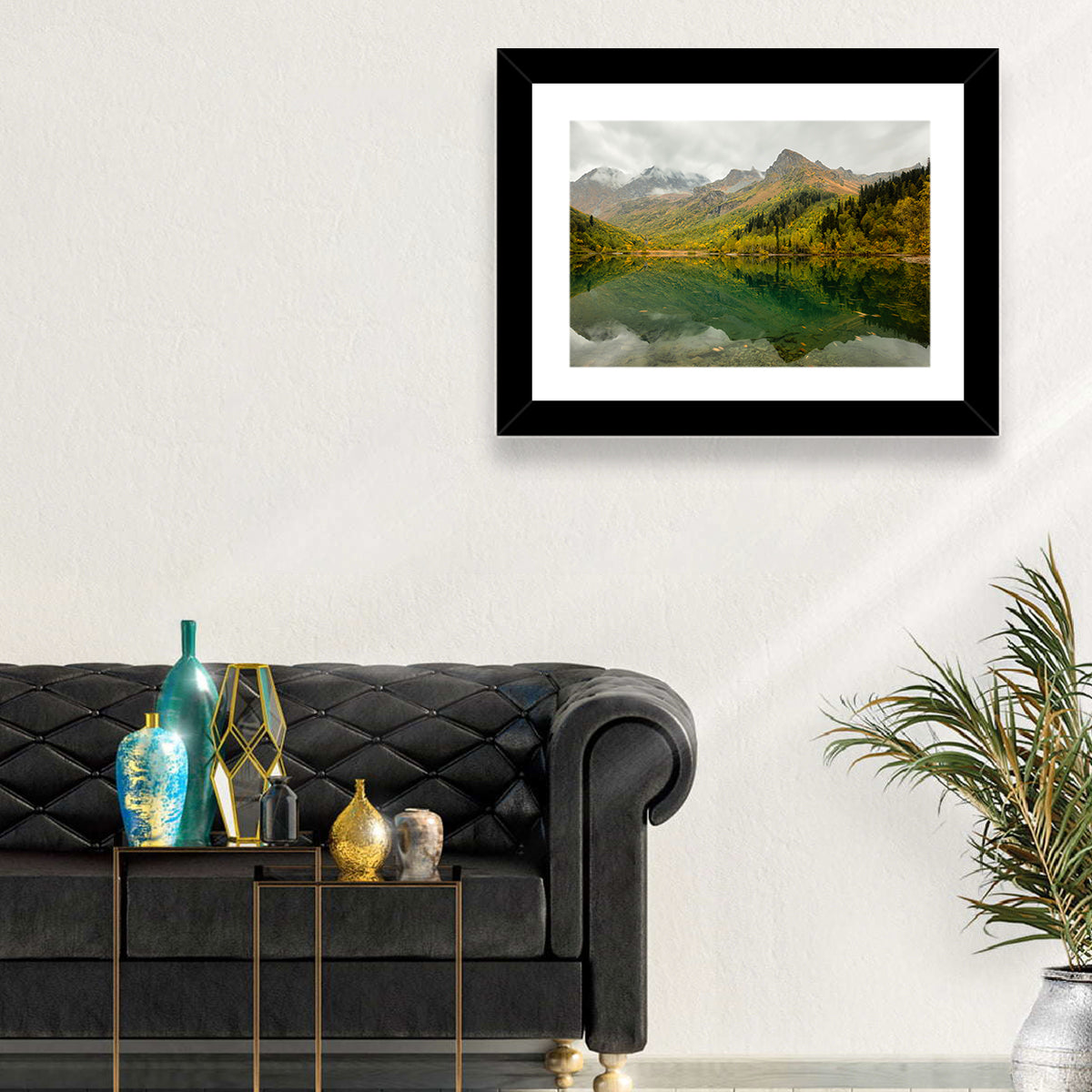 Kardyvach Lake Reflection Under Clouded Peaks Wall Art in a room, landscape
