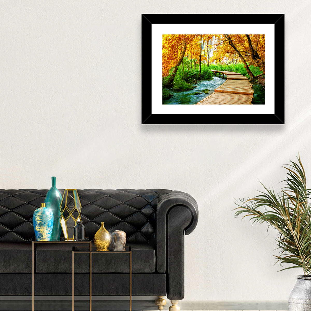 Plitvice Autumn Boardwalk Wall Art in a room, landscape