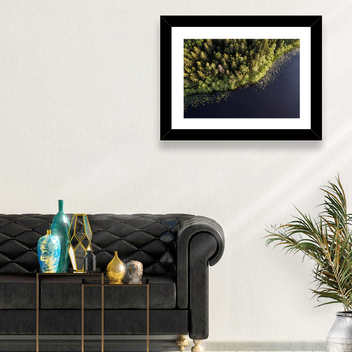 Aerial Lake with Red Boat Wall Art in a room, landscape