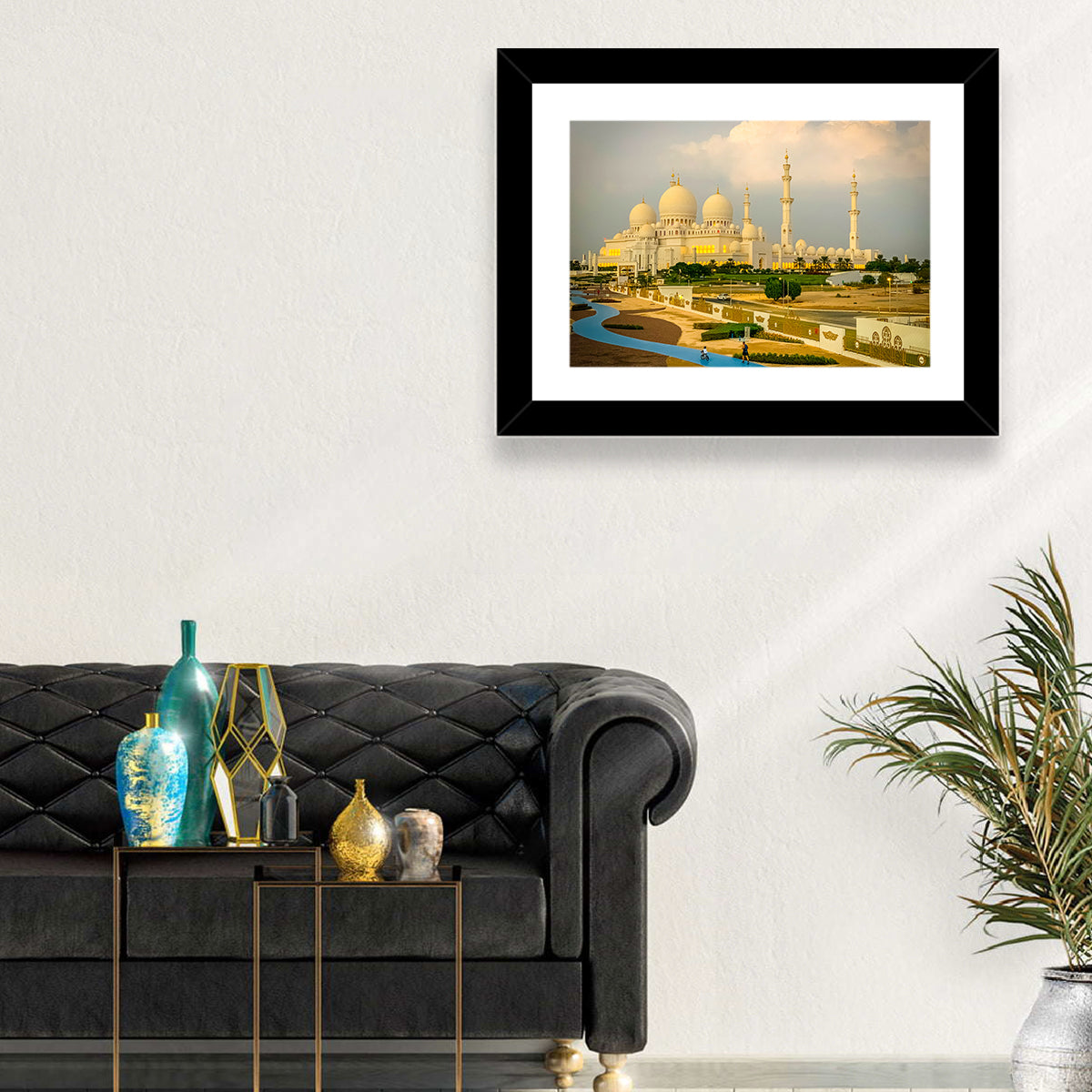 Sheikh Zayed Grand Mosque at Golden Dusk Wall Art in a room, landscape