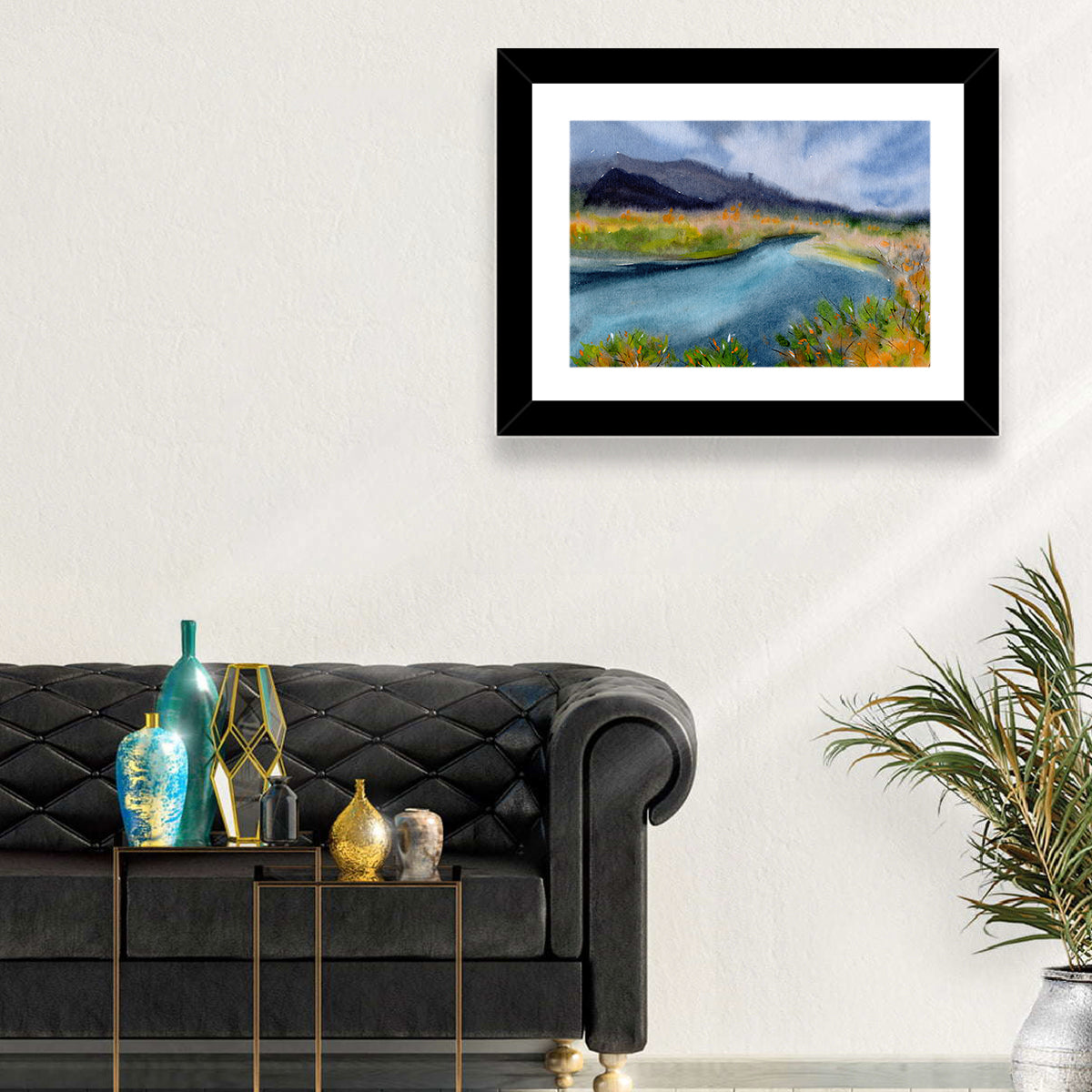 Misty Autumn River and Mountain Landscape Wall Art in a room, landscape