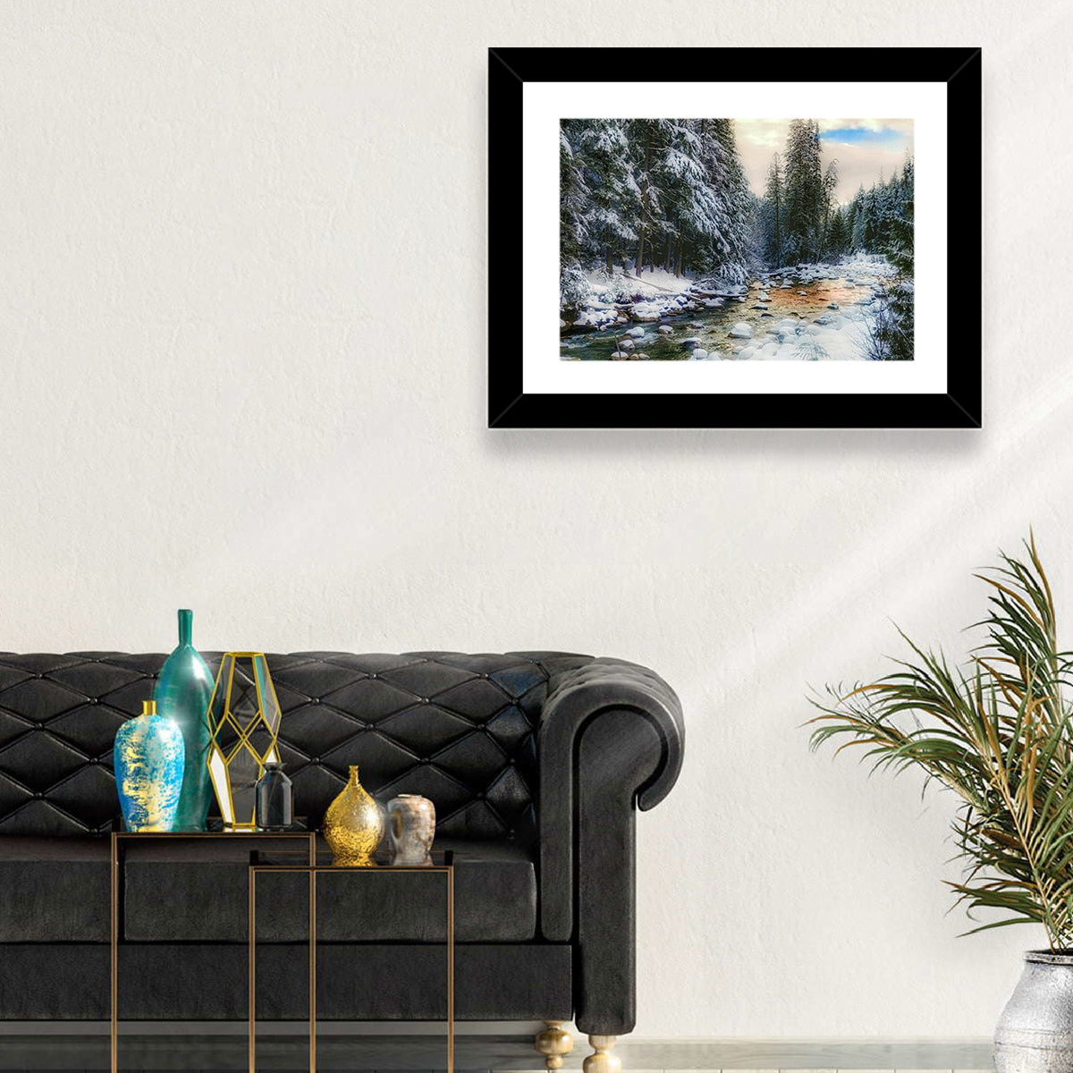 Winter Creek in Snowy Pines Wall Art in a room, landscape