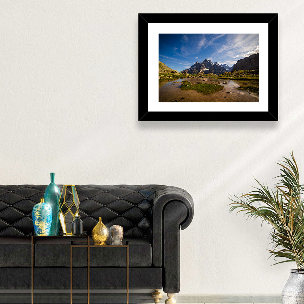 La Meije Alpine Lake and Stone Hut Wall Art in a room, landscape