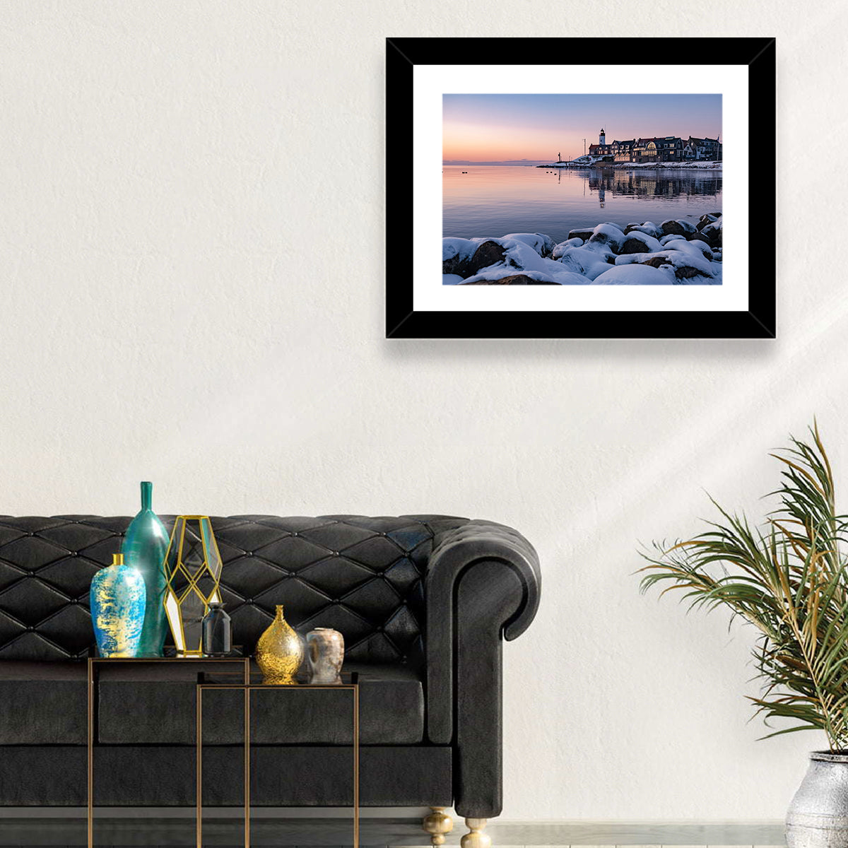 Urk Lighthouse Winter Twilight Harbor Wall Art in a room, landscape