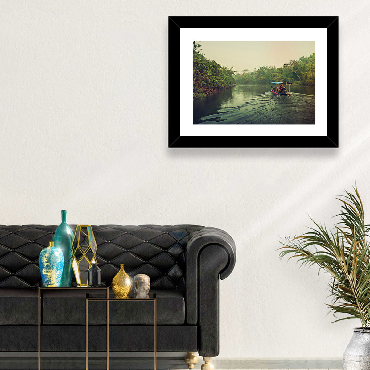 Misty Long-tail Boat on River Kwai Wall Art in a room, landscape