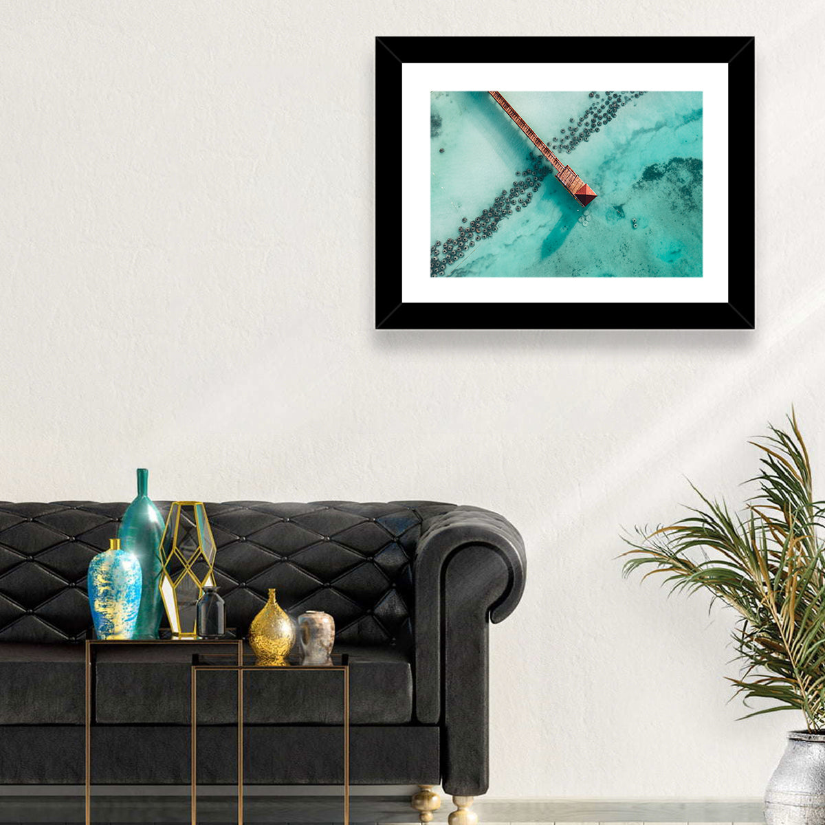 Aerial Red Pier Over Turquoise Water Wall Art in a room, landscape