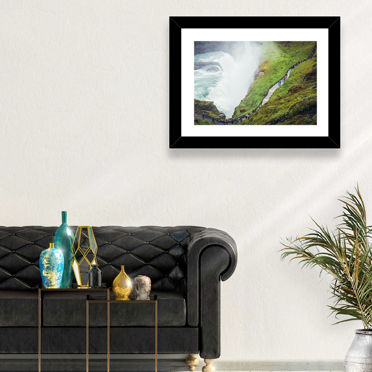 Misty Path at Gullfoss Waterfall Wall Art in a room, landscape