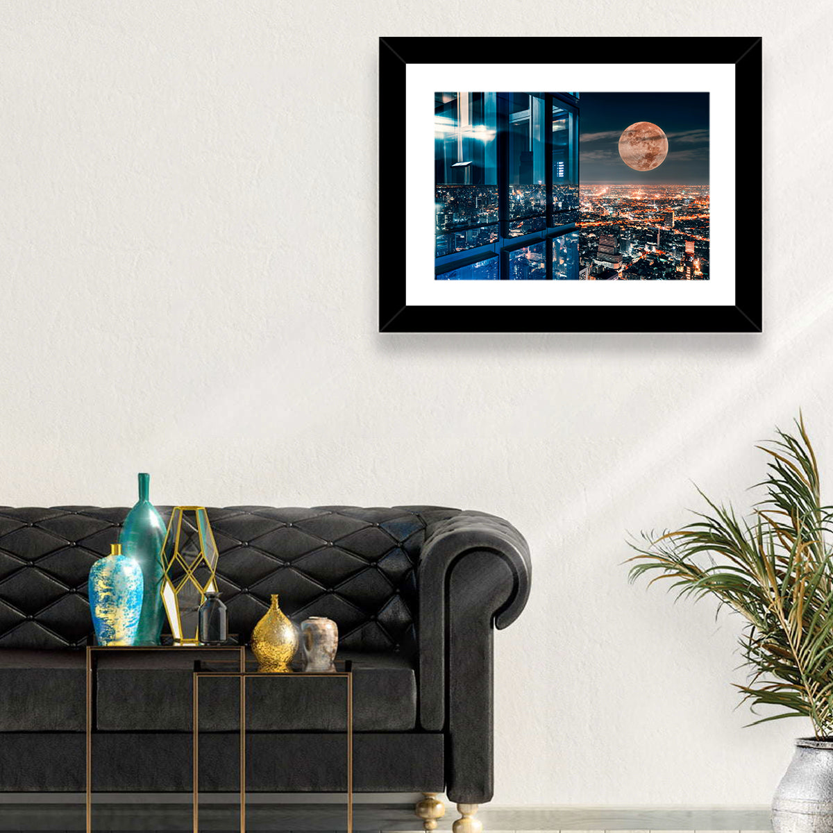 Bangkok Moonlit Skyline Wall Art in a room, landscape