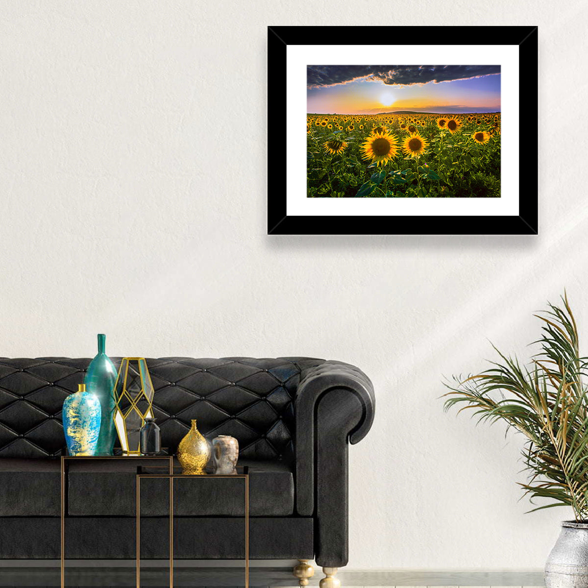 Sunflower Field at Golden Hour Wall Art in a room, landscape