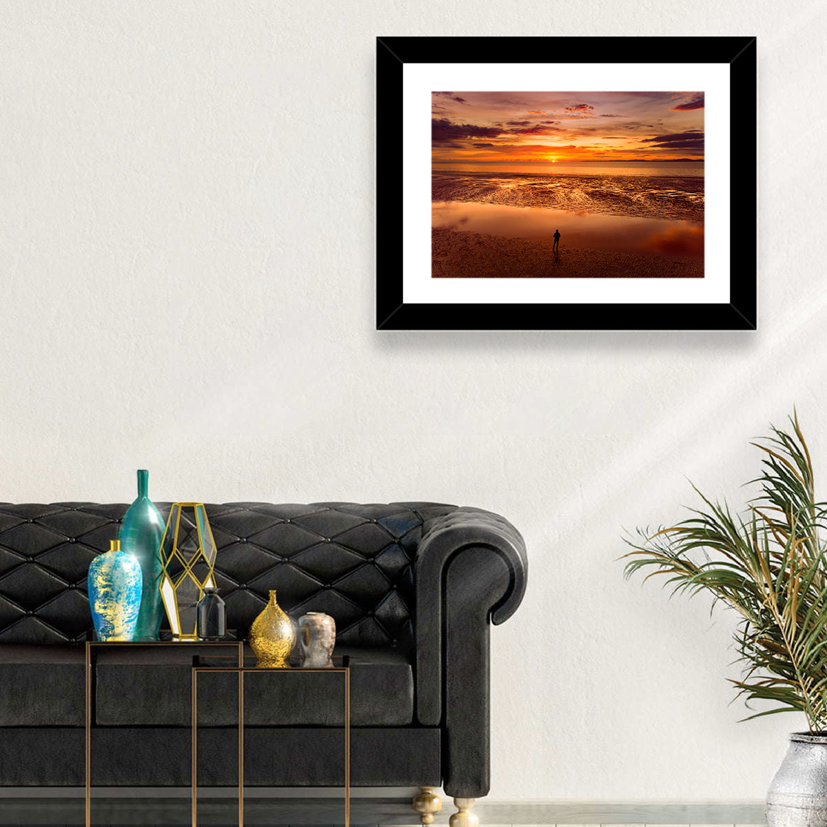 Solitary Figure on Sunset Shore Wall Art in a room, landscape