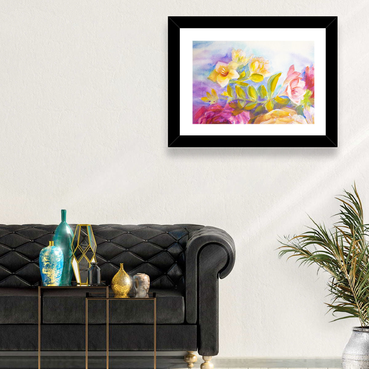Pink and Yellow Watercolor Blossoms Wall Art in a room, landscape