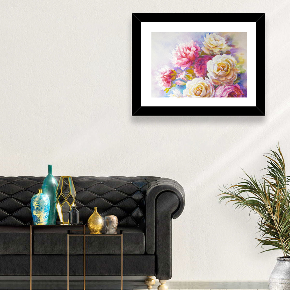 Watercolor Peony Bouquet Wall Art in a room, landscape