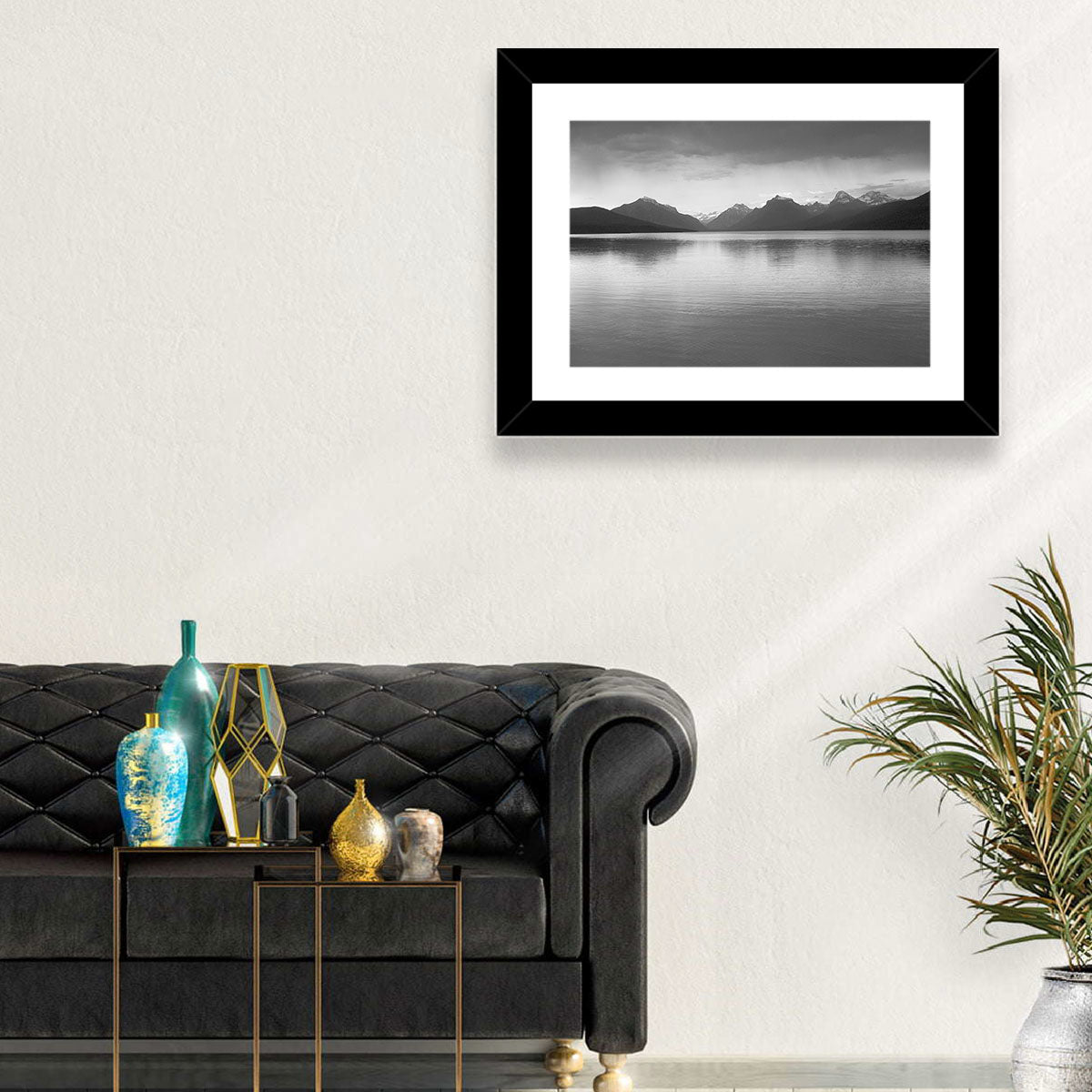 Lake Mcdonald Monochrome Reflection Wall Art in a room, landscape