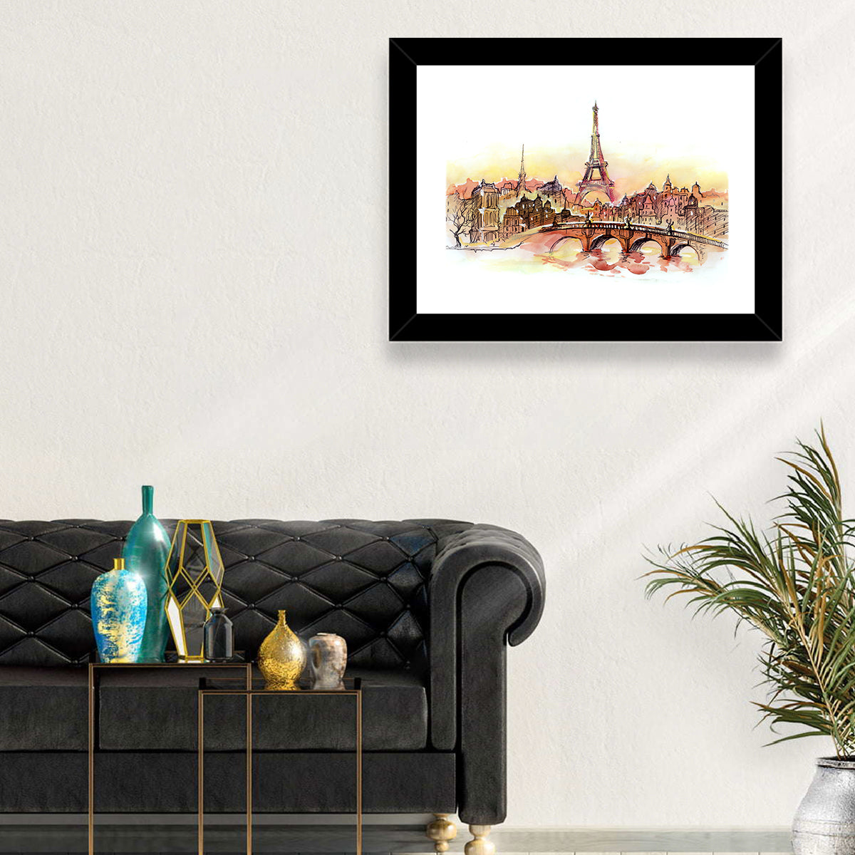 Eiffel Tower Watercolor at Dusk Wall Art in a room, landscape