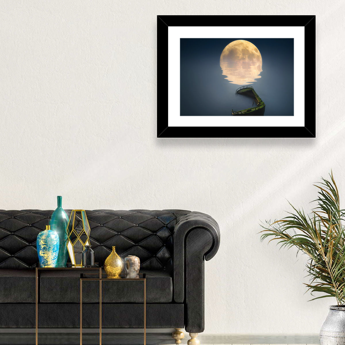 Moonlit Shipwreck Reflection Wall Art in a room, landscape