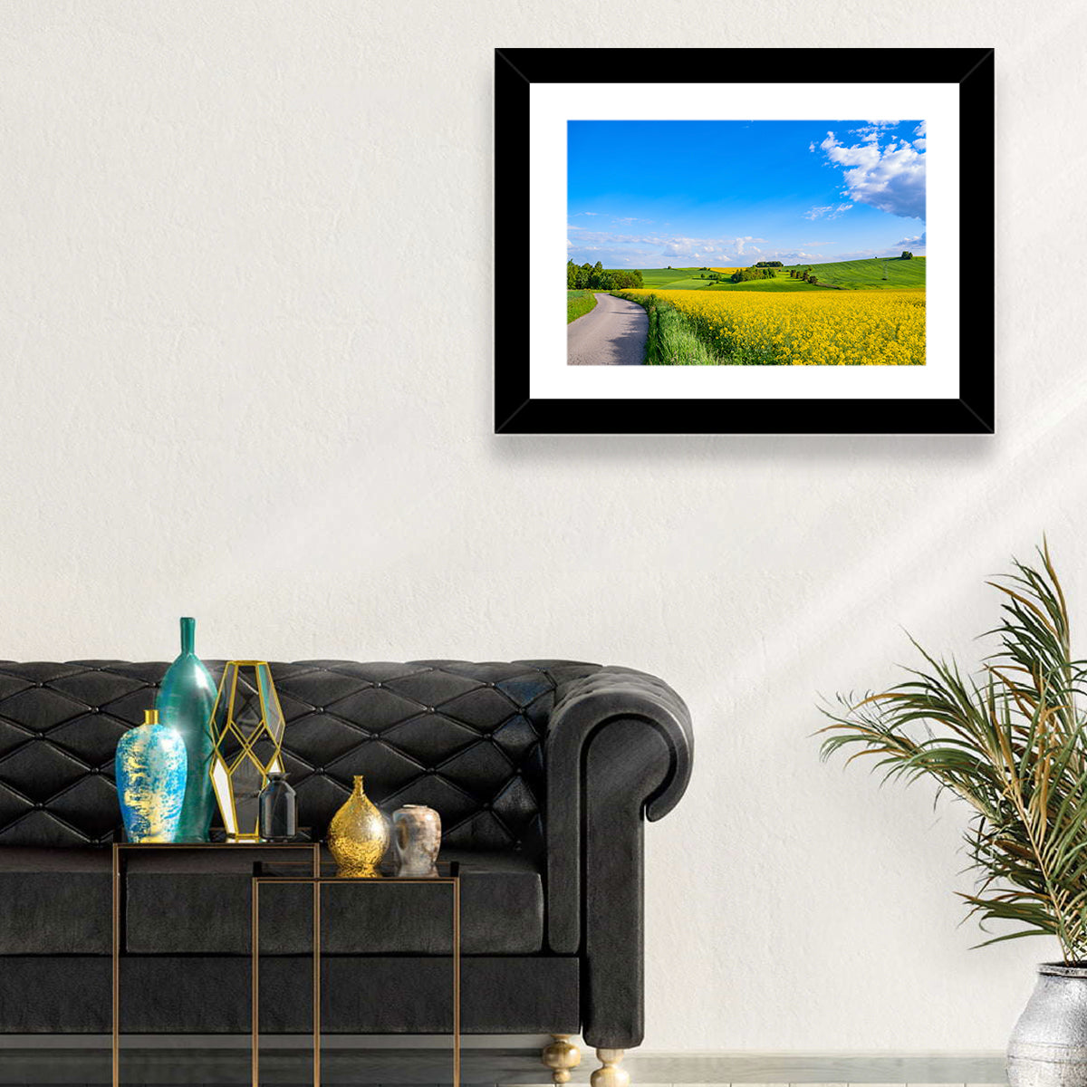 Rapeseed Field Road Under Blue Sky Wall Art in a room, landscape