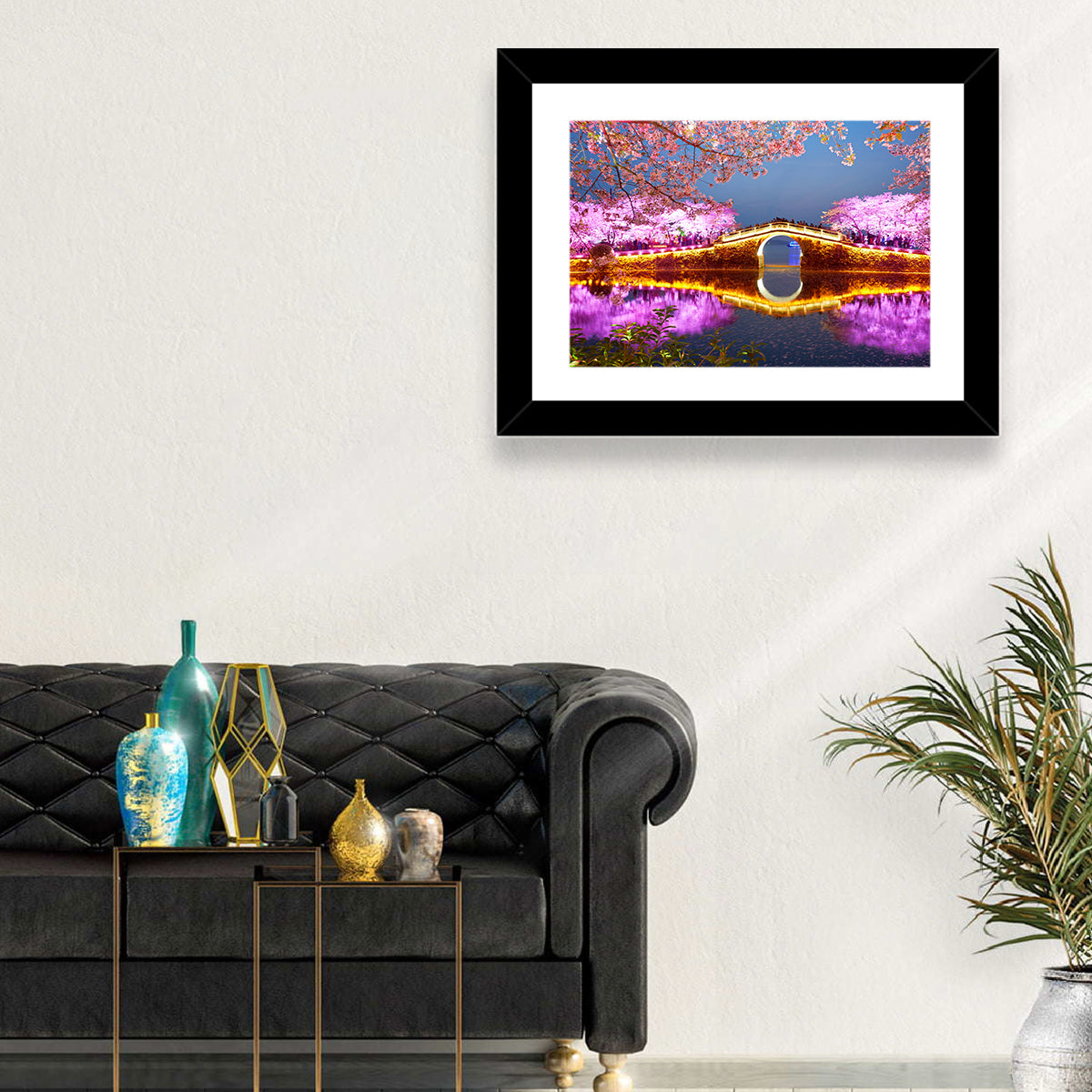 Illuminated Cherry Blossom Bridge Wall Art in a room, landscape