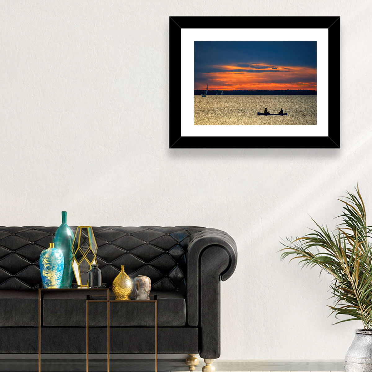 Ottawa River Sunset Canoe Wall Art in a room, landscape