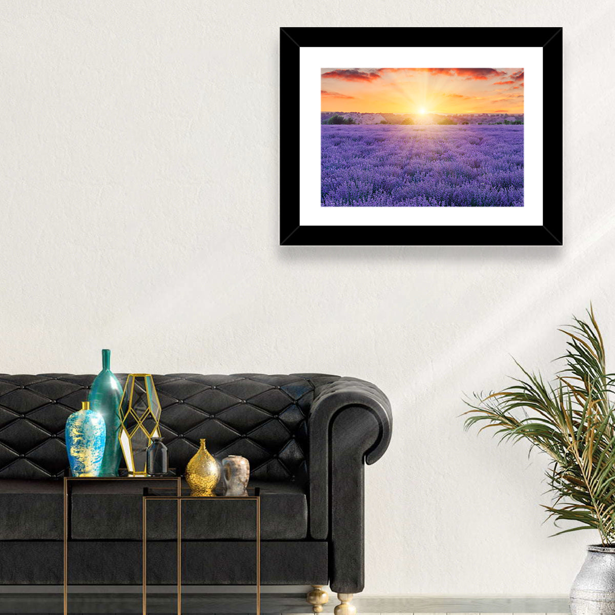 Lavender Field Sunburst Wall Art in a room, landscape