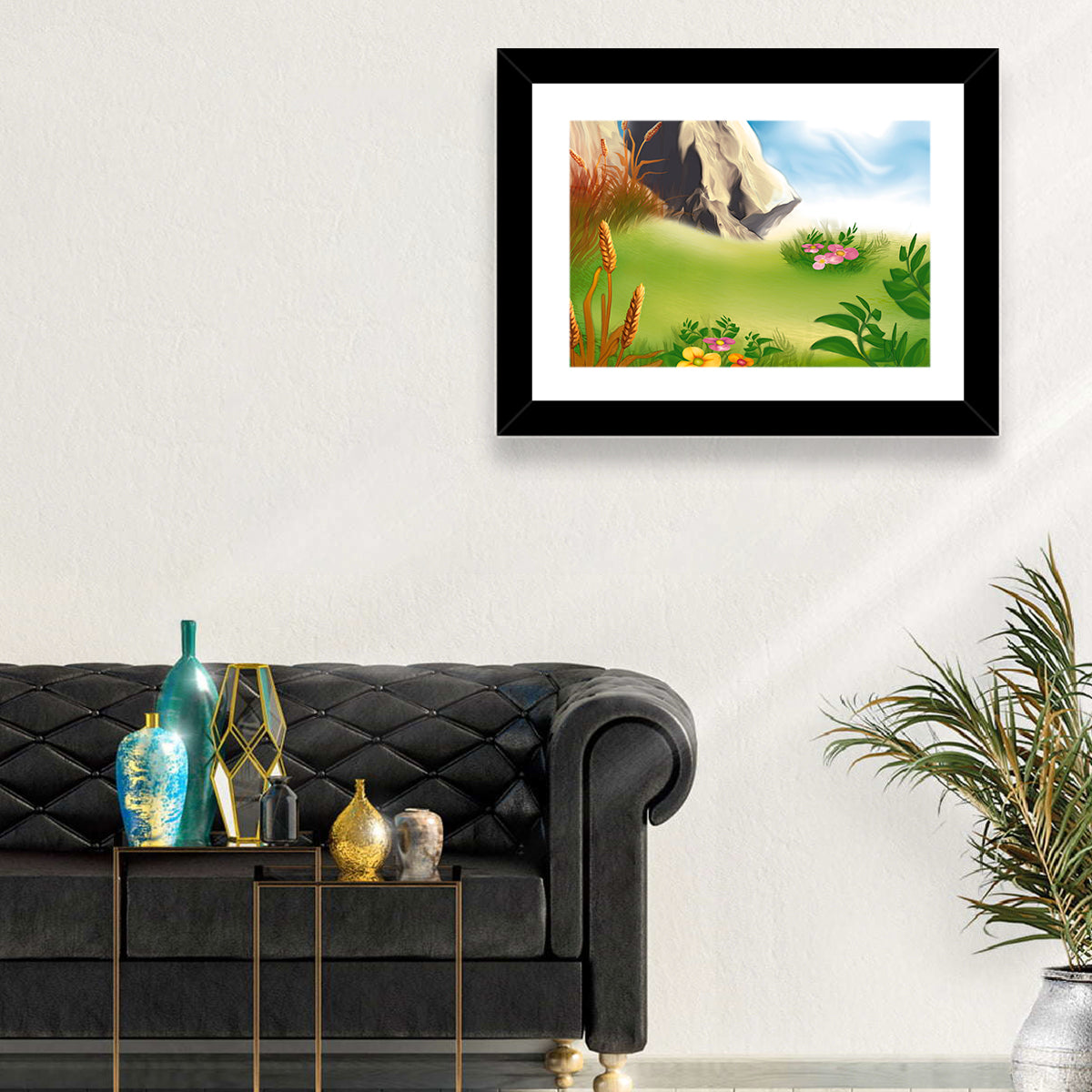 Sunny Mountain Meadow Illustration Wall Art in a room, landscape