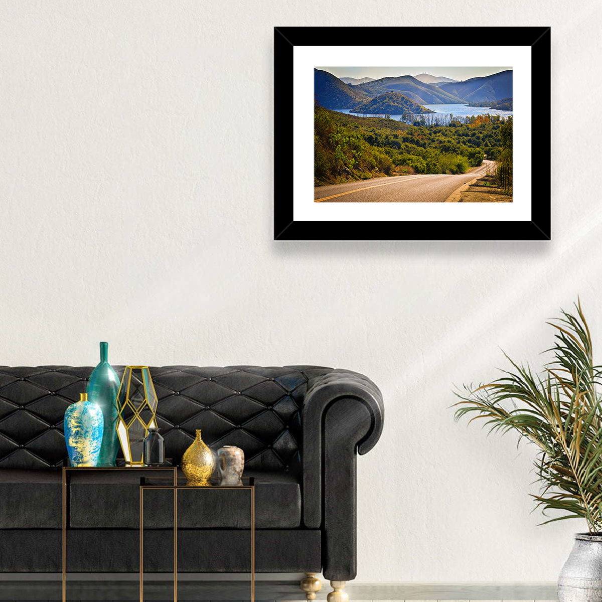 Lake Hodges Roadside Vista Wall Art in a room, landscape