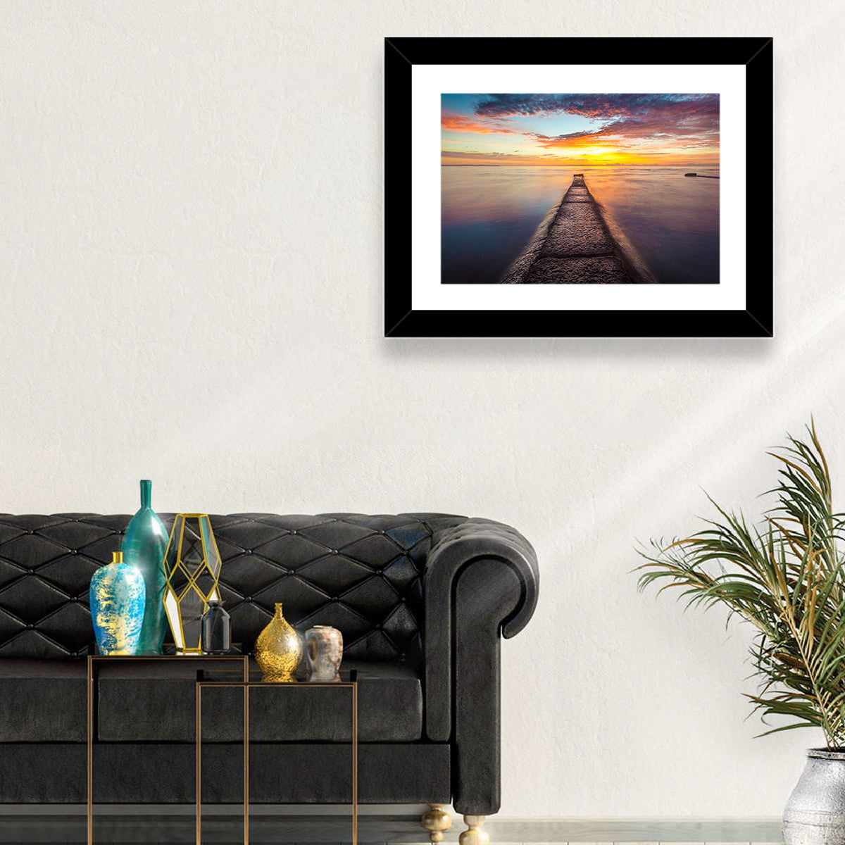 Stone Pier to Glowing Horizon Wall Art in a room, landscape