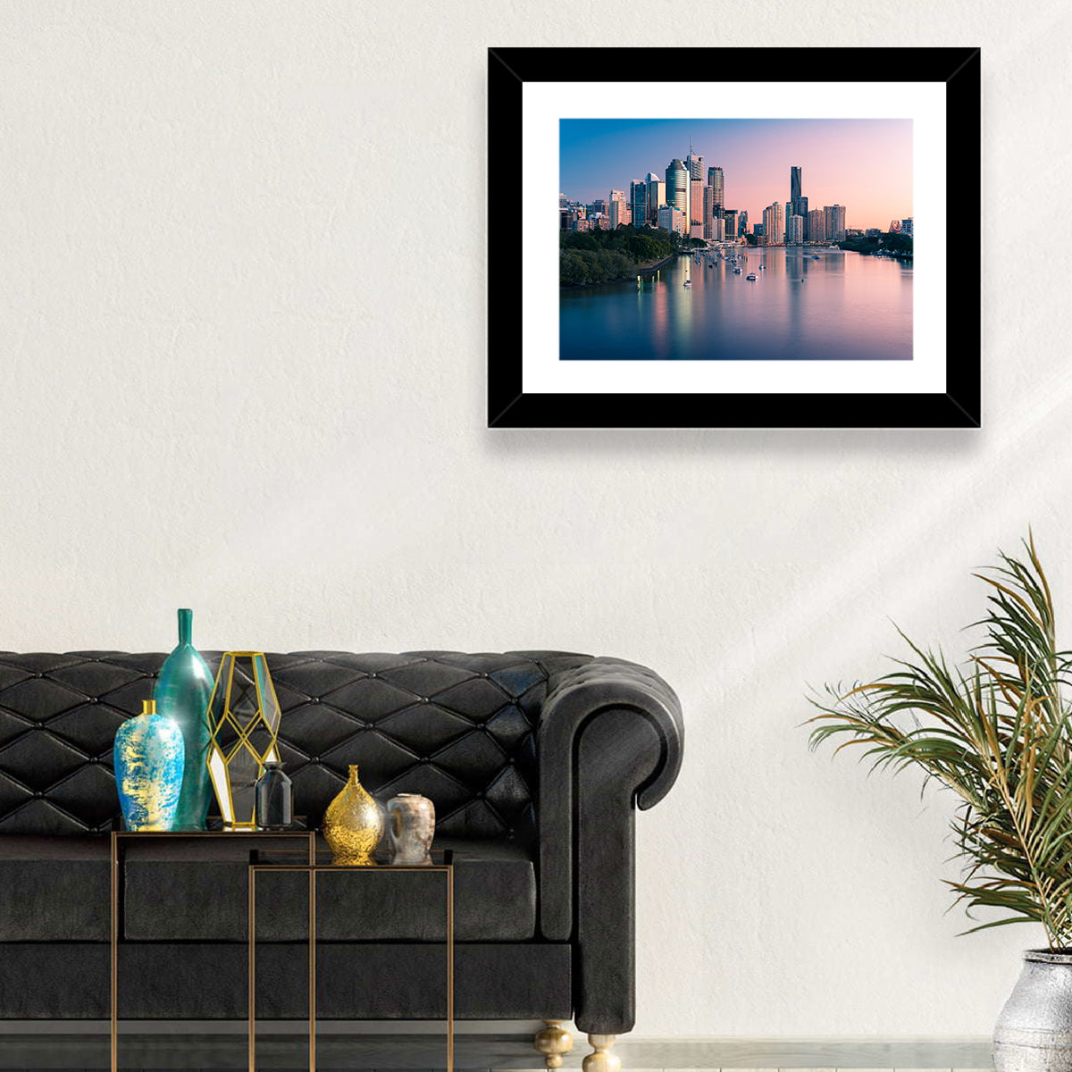 Brisbane River Skyline at Dusk Wall Art in a room, landscape