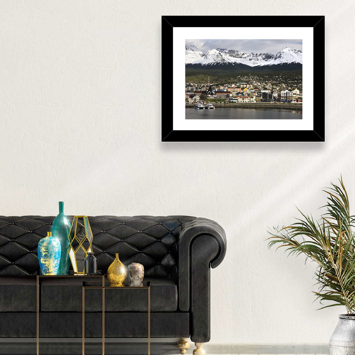 Ushuaia Harbor and Snowcapped Mountains Wall Art in a room, landscape