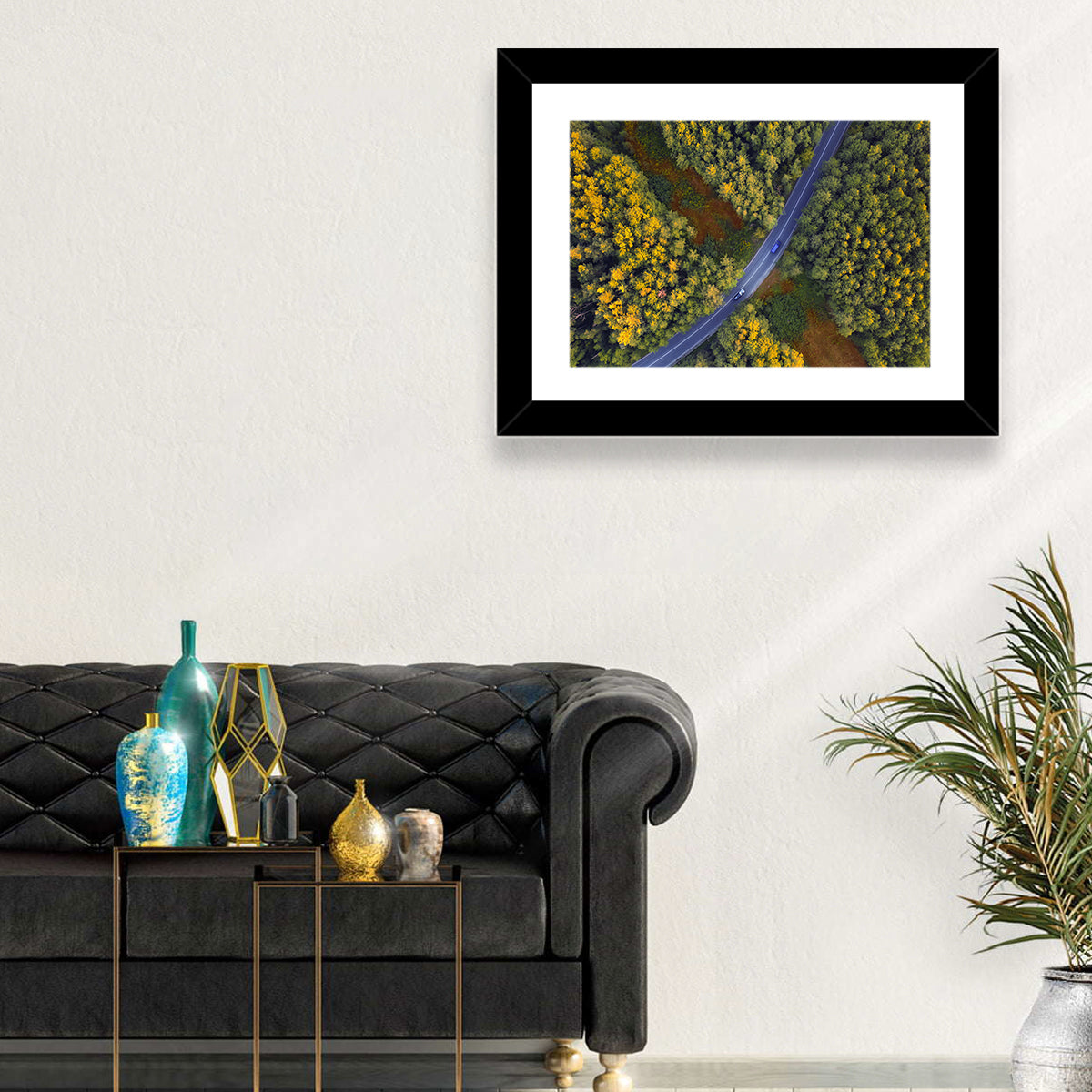 Aerial Autumn Forest Road Wall Art in a room, landscape