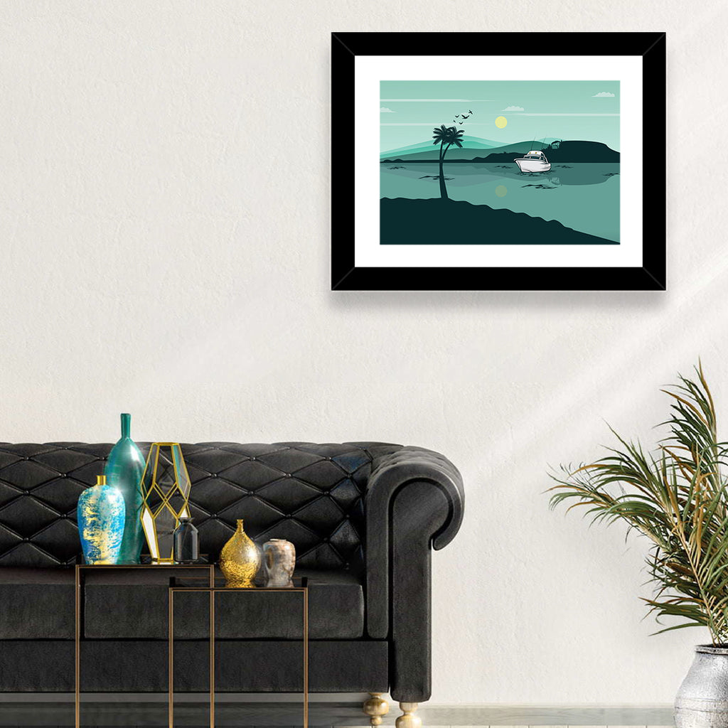 Teal Lake Boat with Palm Tree Wall Art