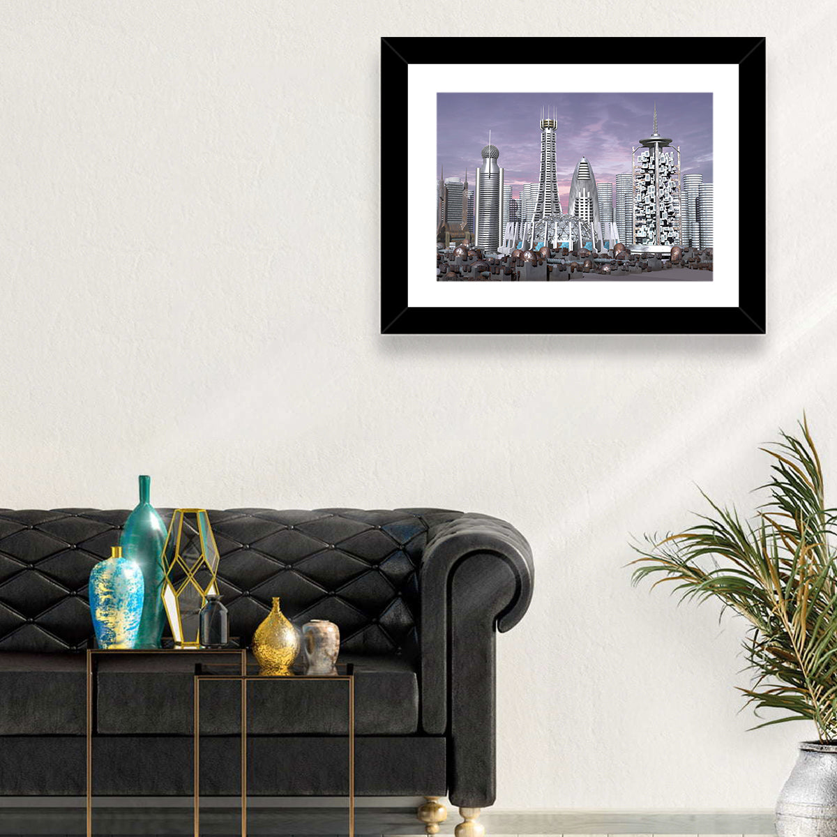 Purple Dusk Futuristic Cityscape Wall Art in a room, landscape