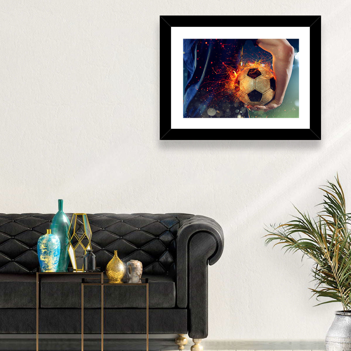 Fiery Soccer Ball and Blue Jersey Player Wall Art