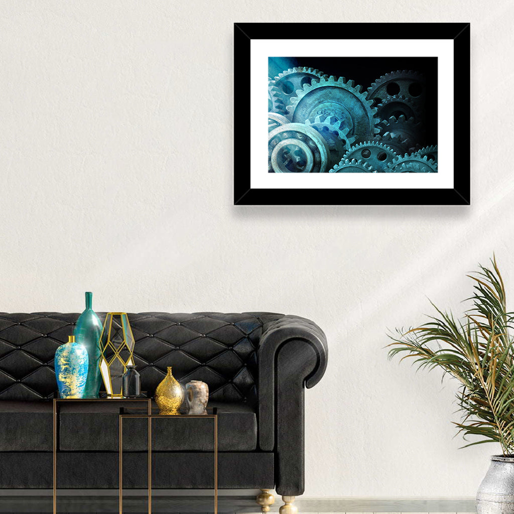 Teal and Steel Cogwheel Close-up Wall Art