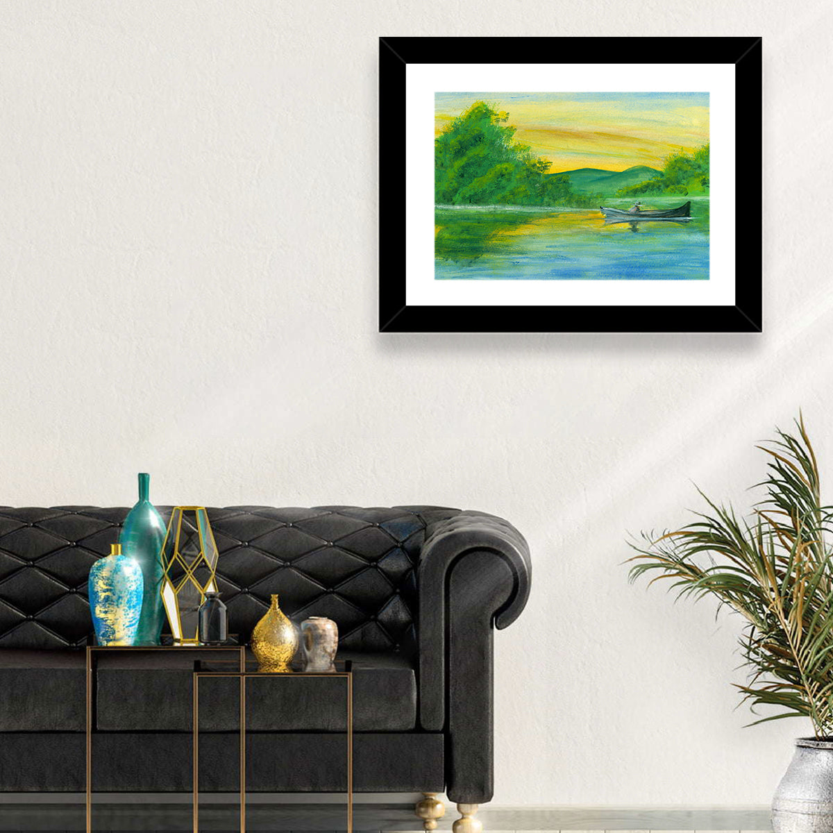 Rowboat on Serene Lake Watercolor Wall Art in a room, landscape