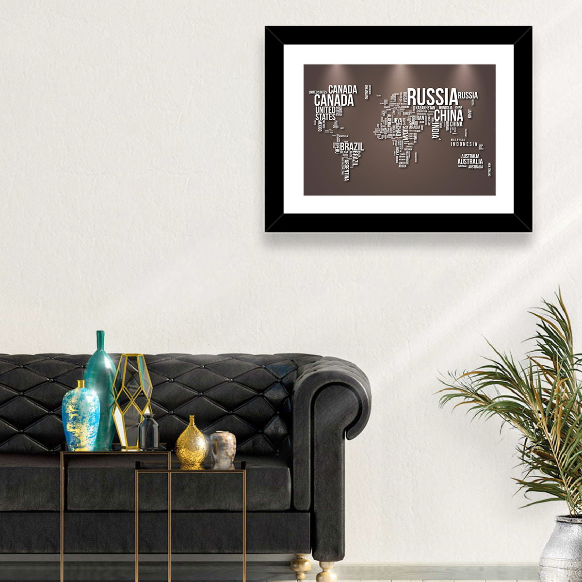 World Map Typography in Brown and White Wall Art