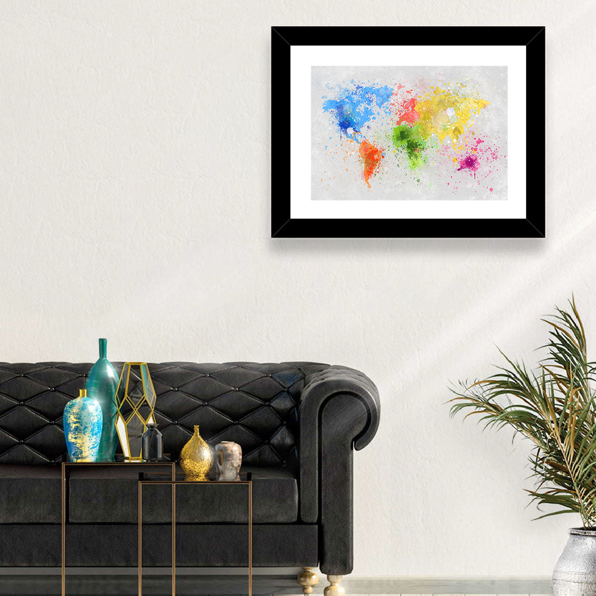 Vibrant Watercolor World Map Wall Art in a room, landscape