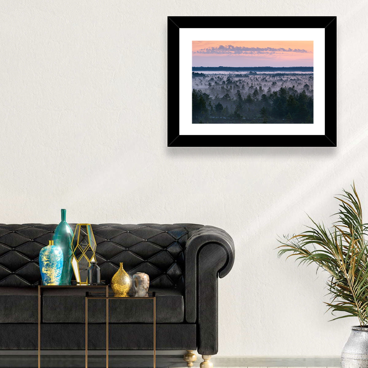 Estonian Misty Pine Landscape Wall Art in a room, landscape